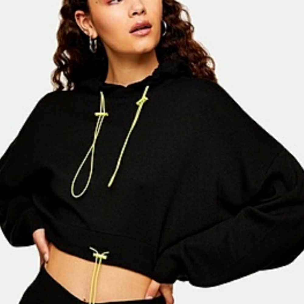 Topshop Toggle Crop Hooded Sweater Sz 8-10 Black Neon Yellow Drawstring Oversize